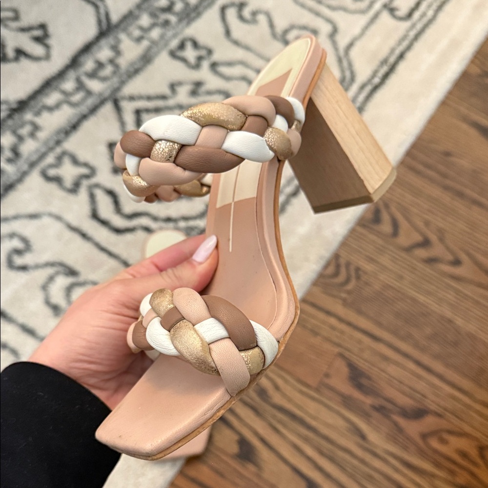 Dolce Vita Braided Block Heel Sandals in Cream and Tan